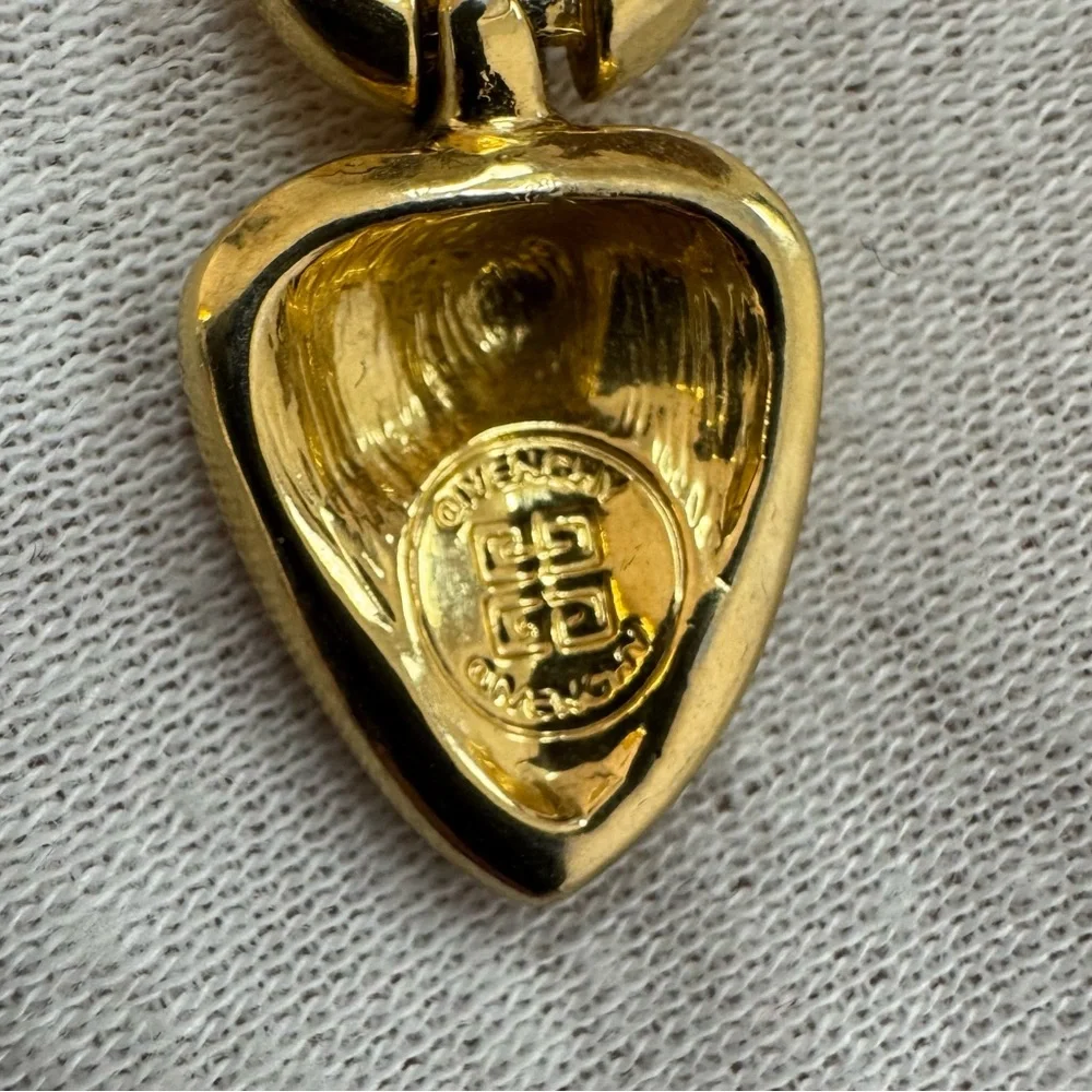 Vintage Givenchy Heart Drop Earrings Gold Tone Cream Enamel Signed